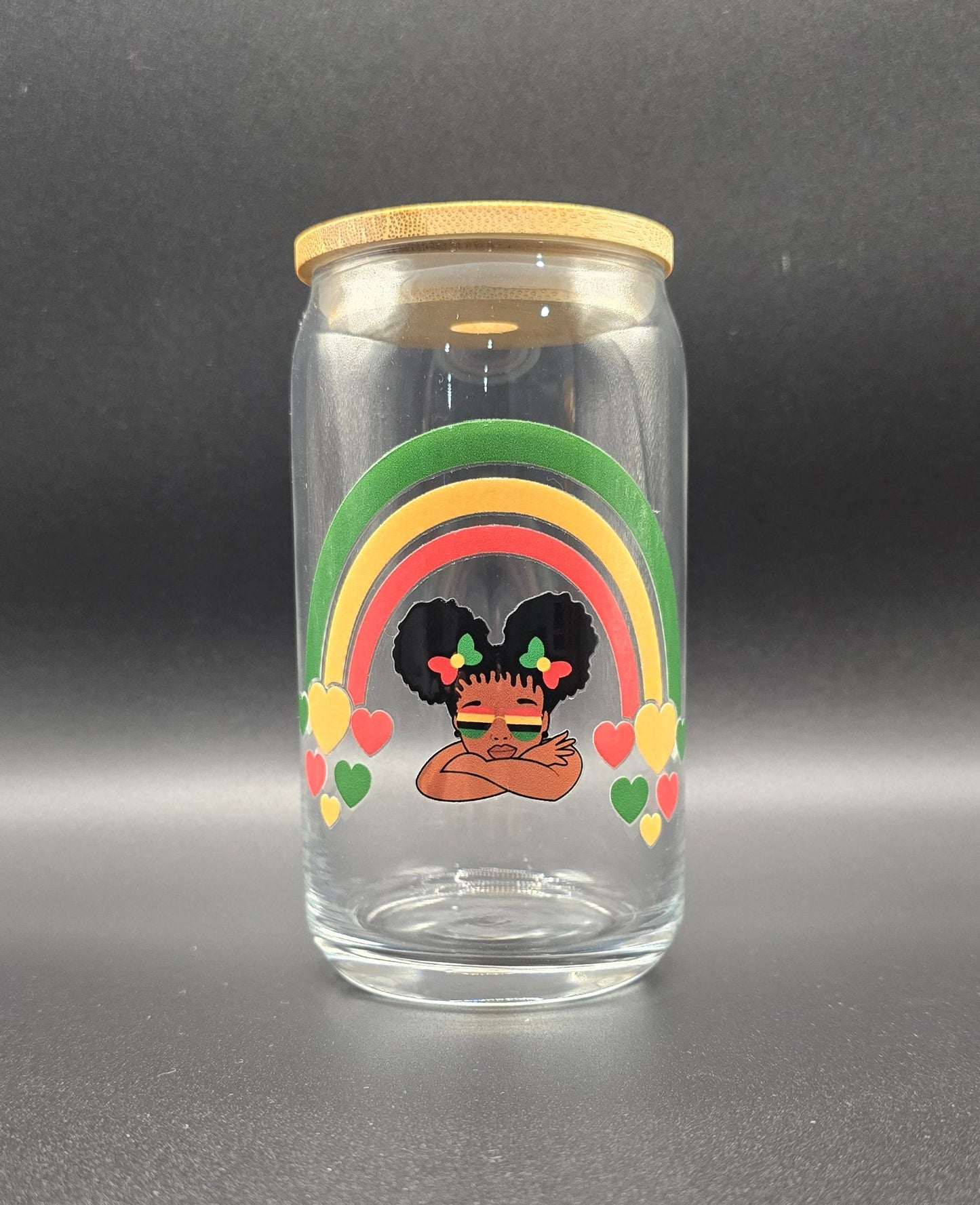 Glass Tumbler with Bamboo Lid and Glass Straw - Black Girl Puff