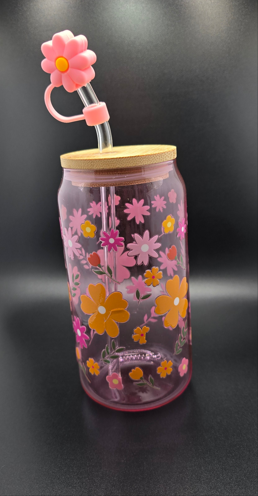 Pink Floral Glass Tumbler